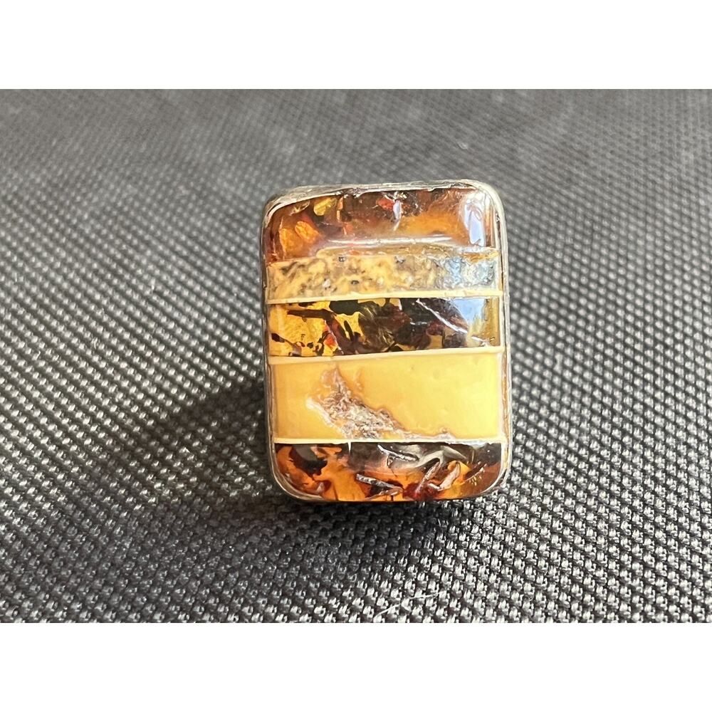 Vintage Artisan Sterling Silver Striped Honey Baltic Amber Split Shank Ring 7.5 - Picture 10 of 15